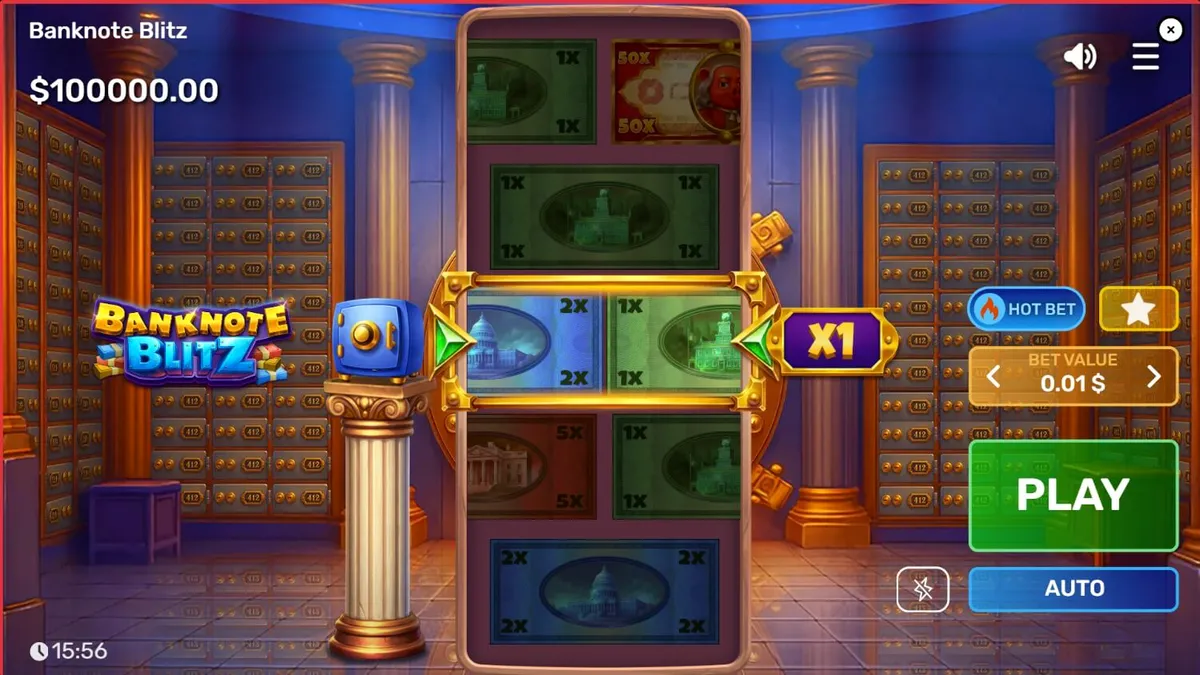 Tampilan visual slot Banknote Blitz dengan tema brankas bank mewah dan bingkai kemenangan yang bercahaya.