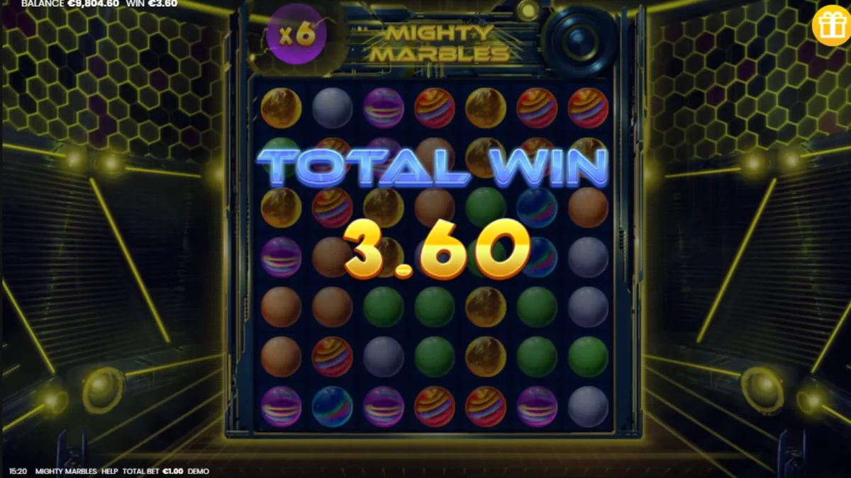 Tampilan visual neon futuristik dari slot Mighty Marbles
