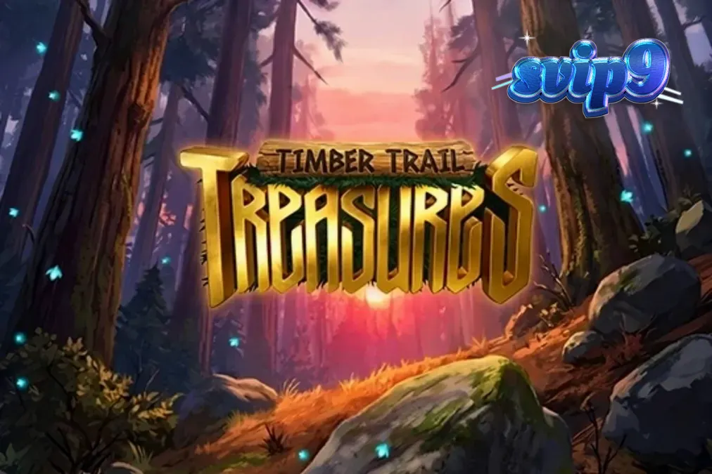 Pemandangan hutan mistis dengan gulungan slot Timber Trail Treasures yang menampilkan simbol hewan dan rune.