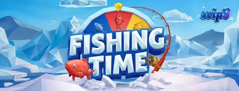Tampilan antarmuka permainan Fishing Time dengan tema memancing dan roda keberuntungan.
