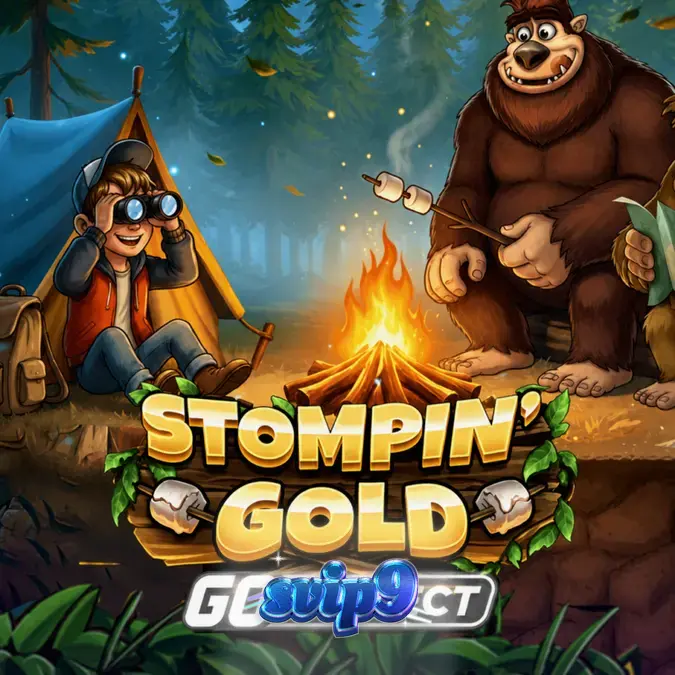 Tampilan visual slot Stompin’ Gold dengan tema petualangan hutan dan karakter Bigfoot.